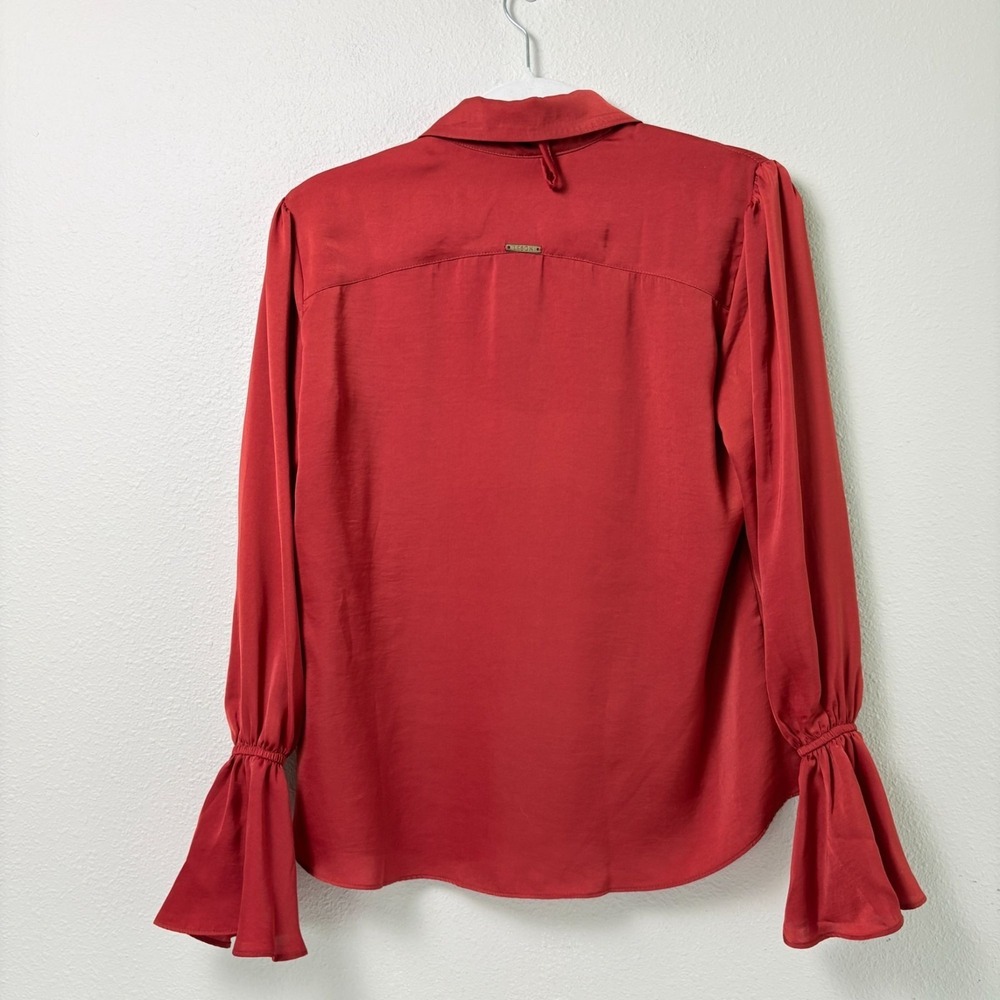 Lebôh Button Front Blouse SIze PP Orange Rust Satin Flounce Long Sleeve Top - Picture 4 of 11